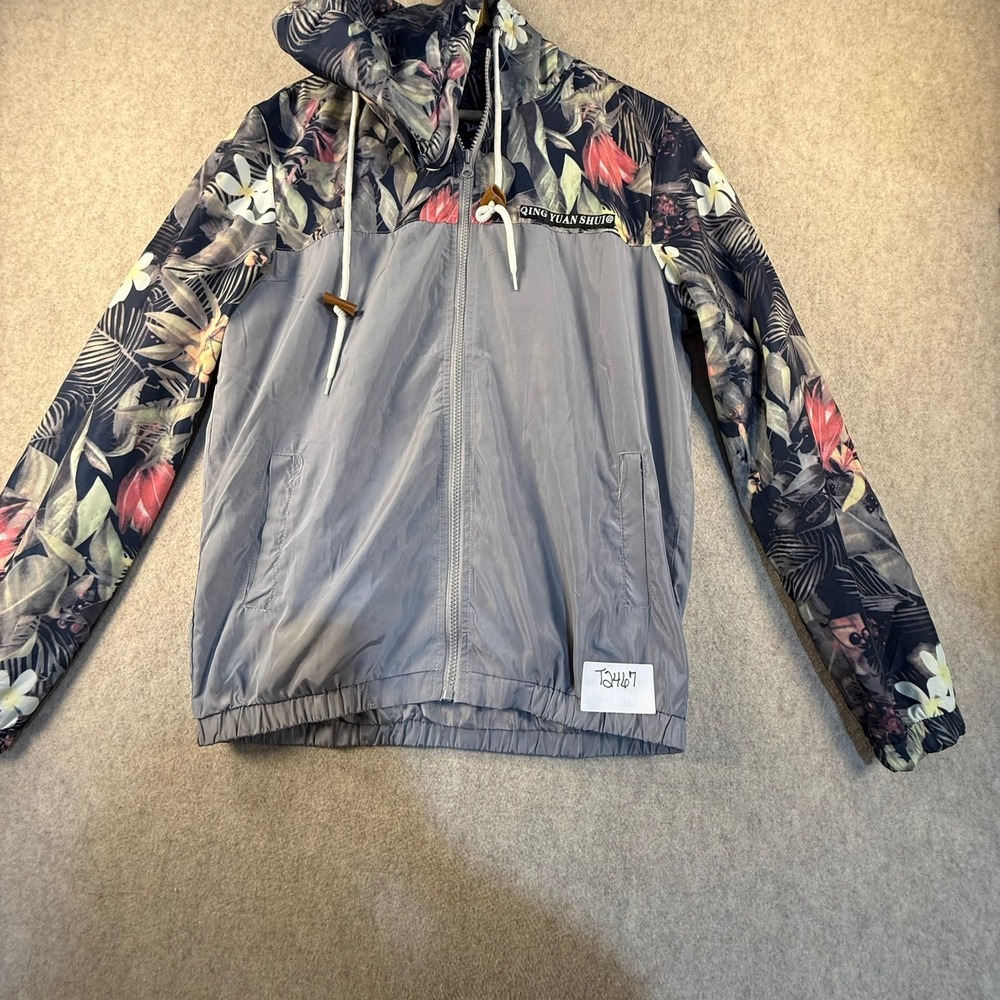 Qing Yuan Shui Floral Tropical Windbreaker Jacket Grey Full Zip Hooded Mens XL